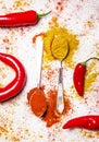 Chilli, turmeric and fresh hot red pepper, top view Royalty Free Stock Photo