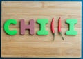Chilli wooden word on chopping block