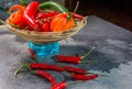Chillies, different types and colors in the foreground Royalty Free Stock Photo