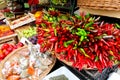 Chillies, red chilli pepper, on the traditional italian fruit, vegetable and spice market in Gallipoli town, Italy, Apulia region