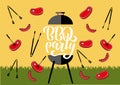 Chillin` and grillin` BBQ chalkboard sign . Hand drawn typography lettering BBQ party. Barbecue grill with tongs and forks,