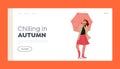 Chilling Autumn Landing Page Template. Cheerful Young Woman City Dweller Holding Umbrella Stand under Rain