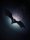 A chilling bat silhouette in flight against the night sky unheeding of those below. Gothic art. AI generation