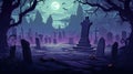 chilling graveyard at midnight, halloween background, 2d cartoon illustration, generative ai Royalty Free Stock Photo