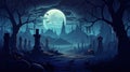 chilling graveyard at midnight, halloween background, 2d cartoon illustration, generative ai Royalty Free Stock Photo