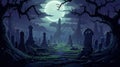 chilling graveyard at midnight, halloween background, 2d cartoon illustration, generative ai Royalty Free Stock Photo