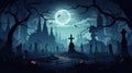 chilling graveyard at midnight, halloween background, 2d cartoon illustration, generative ai Royalty Free Stock Photo