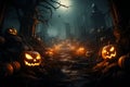 Chilling Halloween night Bats, jack o lanterns frame a frighteningly captivating scene Royalty Free Stock Photo