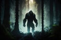 Bigfoot encounter in dark forest, KI Royalty Free Stock Photo