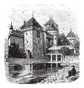 Chillon Castle or Chateau de Chillon in Veytaux, Switzerland, during the 1890s, vintage engraving Royalty Free Stock Photo