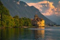 Chillon castle and lake Geneva at sunset, Montreux, Switzerland