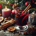 Glass of warm mulled wine with spices and Christmas decoration
