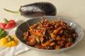 Chilly brinjal. A indo chinese brinjal dish prepared with sauteed brinjal, chilly, onions, bell peppers and sauces