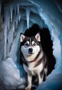 A chilly Huskey exploring a fascinating ice cave with shimmering walls icicles dangling from the ceiling