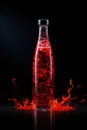 Chilly sauce or ketchup in glass bottle made of red hot chili peppers on black background with flame and smoke Royalty Free Stock Photo