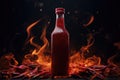 Chilly sauce or ketchup in glass bottle with red hot chili peppers on black background with smoke. Royalty Free Stock Photo