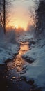 Chilly Scenery: Snow Covered River At Sunset - Photorealistic 35mm Film4k Royalty Free Stock Photo