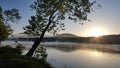 Chilly summer morning the fog overlaying the river