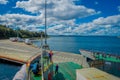 CHILOE, CHILE - SEPTEMBER, 27, 2018: Above view of cars inside of ferry and passengers for crossing from the Chilean Royalty Free Stock Photo