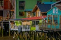 CHILOE, CHILE - SEPTEMBER, 27, 2018: Houses on stilts palafitos in Castro, Chiloe Island, Patagonia Royalty Free Stock Photo