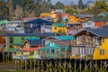 CHILOE, CHILE - SEPTEMBER, 27, 2018: Houses on stilts palafitos in Castro, Chiloe Island, Patagonia Royalty Free Stock Photo