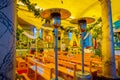 CHILOE, CHILE - SEPTEMBER, 27, 2018: Indoor view of church of Nercon, recognized as a World Heritage Site by Unesco