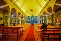 CHILOE, CHILE - SEPTEMBER, 27, 2018: Indoor view of historic church of Nercon, catholic temple located in the chilota