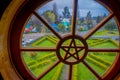 CHILOE, CHILE - SEPTEMBER, 27, 2018: Indoor view of window of Nercon church catholic temple located in chilota commune Royalty Free Stock Photo