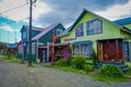 CHILOE, CHILE - SEPTEMBER, 27, 2018: Outdoor beautiful wooden buildings in Chacao in Chilean mainland