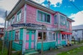 CHILOE, CHILE - SEPTEMBER, 27, 2018: Outdoor beautiful wooden buildings in Chacao in Chilean mainland