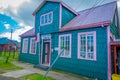 CHILOE, CHILE - SEPTEMBER, 27, 2018: Outdoor beautiful wooden buildings in Chacao in Chilean mainland