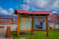 CHILOE, CHILE - SEPTEMBER, 27, 2018: Outdoor informative sign on Lemuy Island