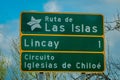CHILOE, CHILE - SEPTEMBER, 27, 2018: Outdoor metallic informative sign of Ruta de las Islas on Chiloe Island