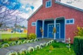 CHILOE, CHILE - SEPTEMBER, 27, 2018: Outdoor view of backyard with stoned path of quinchao church, one of world heritage