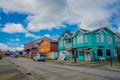 CHILOE, CHILE - SEPTEMBER, 27, 2018: Outdoor view of beautiful wooden and colorful buildings in Chacao in Chilean