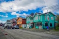 CHILOE, CHILE - SEPTEMBER, 27, 2018: Outdoor view of beautiful wooden and colorful buildings in Chacao in Chilean