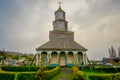 CHILOE, CHILE - SEPTEMBER, 27, 2018: Outdoor view of historic church of Nercon, catholic temple located in the chilota Royalty Free Stock Photo