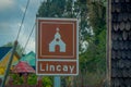 CHILOE, CHILE - SEPTEMBER, 27, 2018: Outdoor view of informative sign of church on Chiloe Island