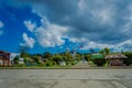 CHILOE, CHILE - SEPTEMBER, 27, 2018: Outdoor view of a park with some wooden buildings and church located in Chacao in