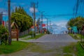 CHILOE, CHILE - SEPTEMBER, 27, 2018: Outdoor view of streets and some wooden houses in Chacao in Chilean mainland