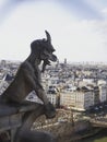 Chimera gargoyle mythical figure statue sculpture gothic architecture at Notre Dame cathedral church tower Paris France Royalty Free Stock Photo