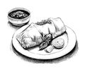Chimichanga meat roll hand drawn sketch Asian food Restaurant business concept. Royalty Free Stock Photo