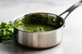 Chimichurri Sauce In Saucepan On White Background. Generative AI