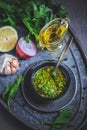 Chimichurri verde - Fresh traditional chimichurri sauce for barbecue meat Royalty Free Stock Photo