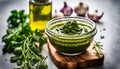 Chimichurri verde in a glass bowl on a white background