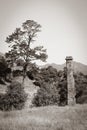 A chimney is all that remains of an old farmhouse. Sepia Royalty Free Stock Photo