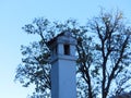 Chimney and bare leafless tree crown branches against blue sky. Royalty Free Stock Photo