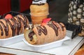 Chimney cake filled out with fruit and cocoa cream dressing.