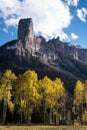 Chimney Rock and Courthouse Mountain in the early autumn of Southern Colorado. Royalty Free Stock Photo