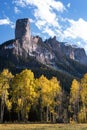 Chimney Rock and Courthouse Mountain in the early autumn of Southern Colorado. Royalty Free Stock Photo
